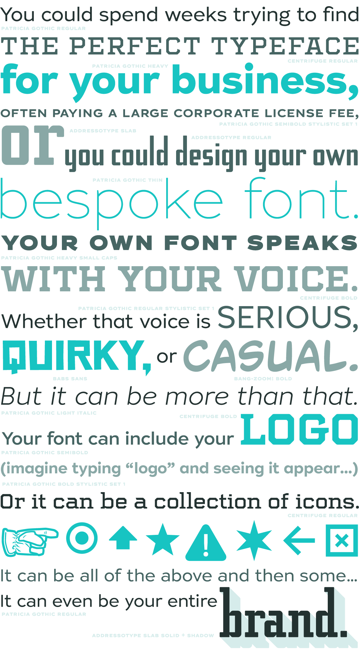 You could spend weeks trying to find the perfect typeface for your business, often paying a large corporate license fee, or you could design your own bespoke font. Your own font speaks with your voice. Whether that voice is serious, quirky, or casual. But it can be more than that. Your font can include your logo (imagine typing "logo" and seeing it appear ...) Or it can be a collection of icons. [ icons ] It can be all of the above and then some ... It can even be your entire brand.